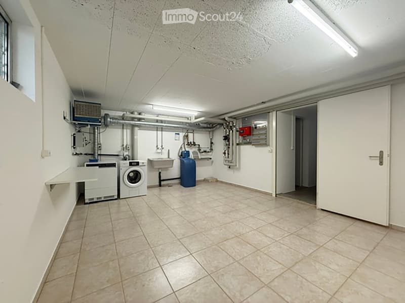 Laundry room with tiled floor, white walls, washing machine, sink, water tank, and shelf.