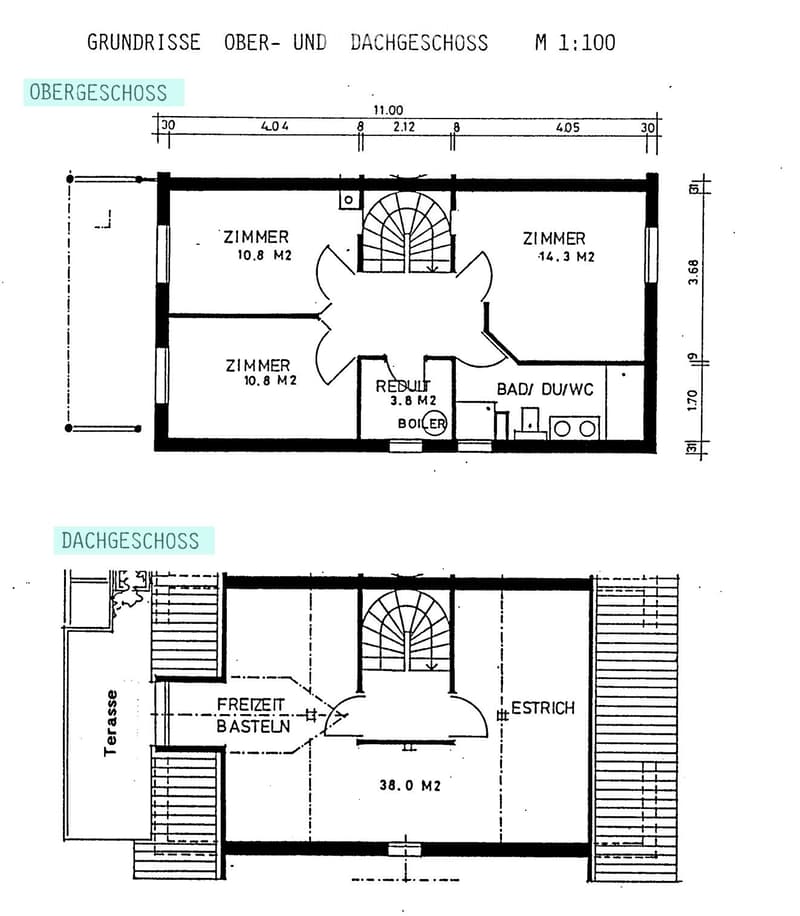 Floor plan of upper and attic levels showing three bedrooms, a bathroom, a boiler room, and an attic space with a terrace.
