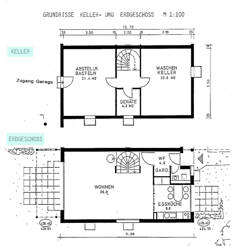 Floor plan of a basement and ground floor, showing areas labeled as storage, laundry, devices, living space, dining kitchen, and garden.