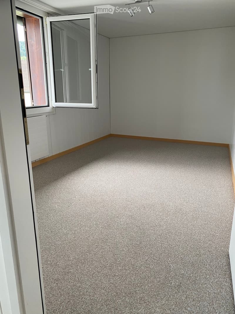 Empty room with carpeted floor, white walls, and a large window with blinds partially open.
