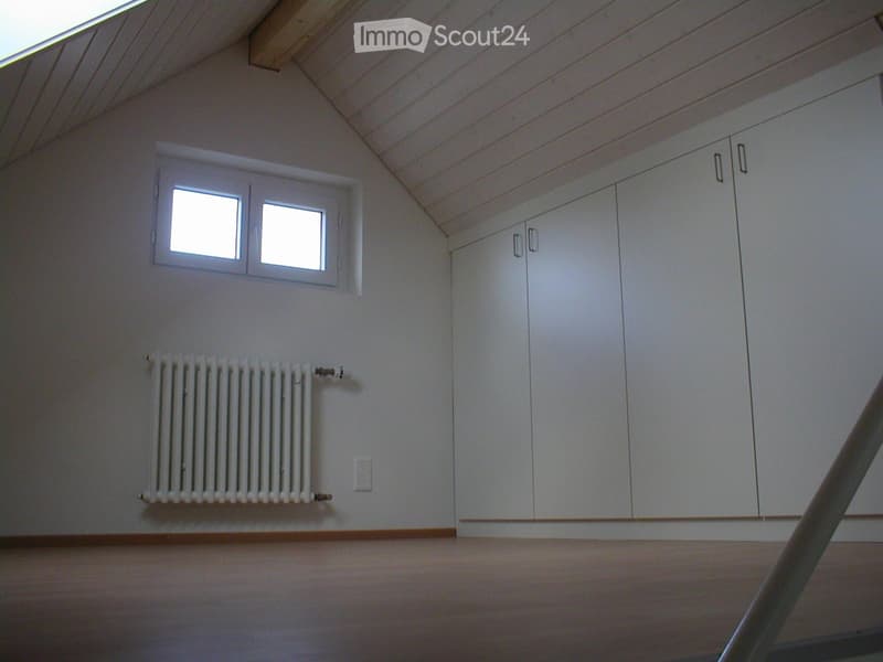 white walls, wooden ceiling, white shelves, radiator, floor