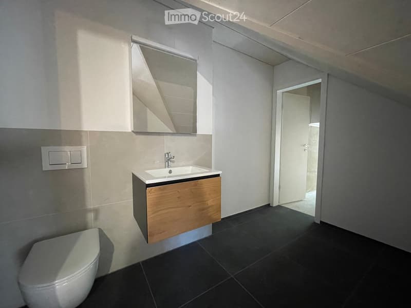 Modern bathroom with a white toilet, a wooden sink cabinet, a mirror, and a sleek faucet.