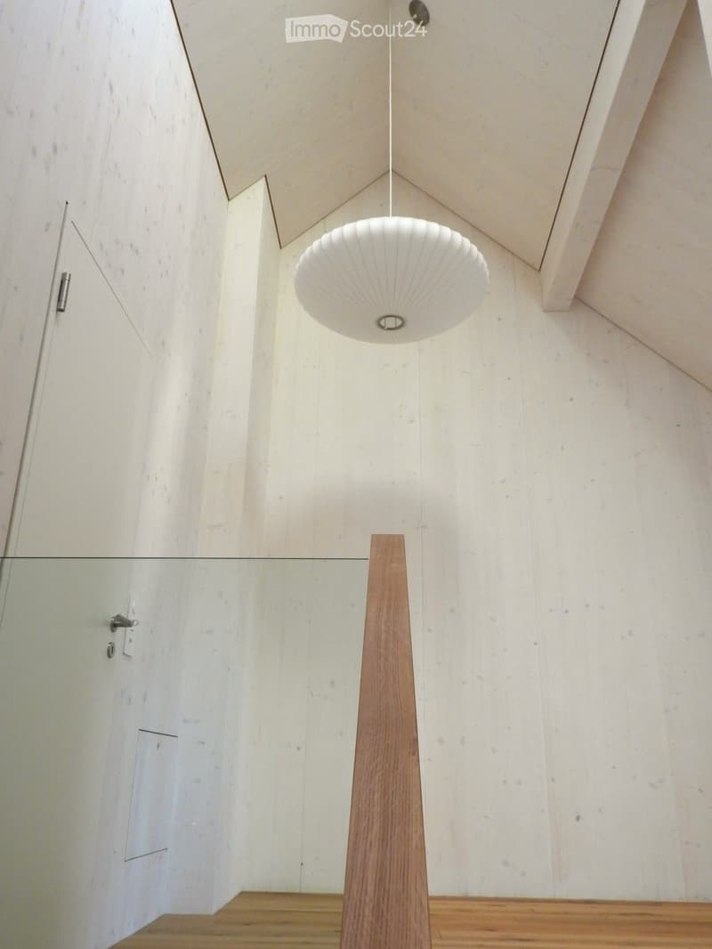 Modern hallway with light-colored walls, wooden floor, and a hanging pendant light fixture.