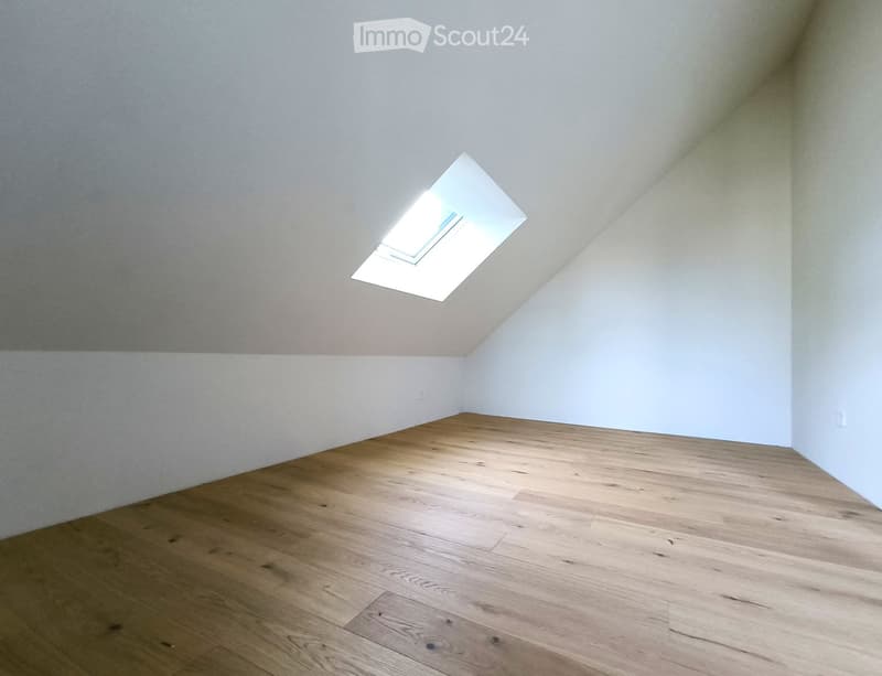 empty room, wooden floor, white walls, skylight