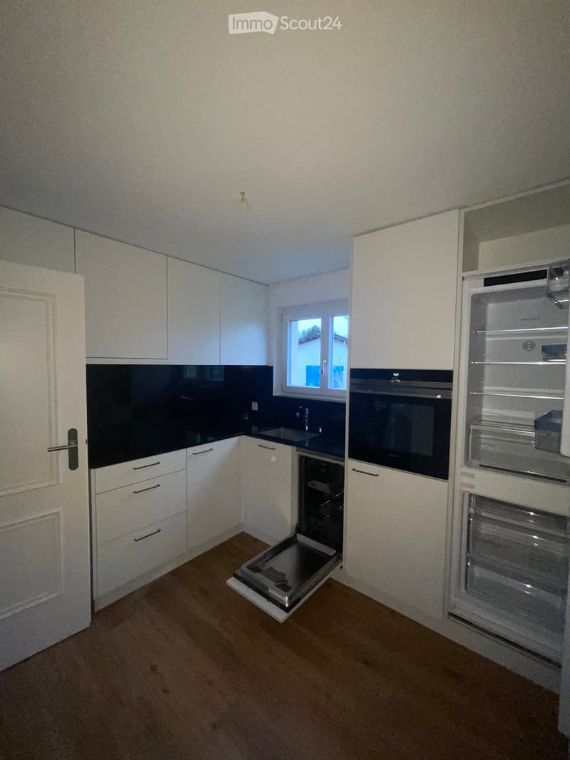 Modern kitchen with white cabinets, stainless steel appliances, and a dark countertop. Features include a refrigerator, oven, dishwasher, and sink.