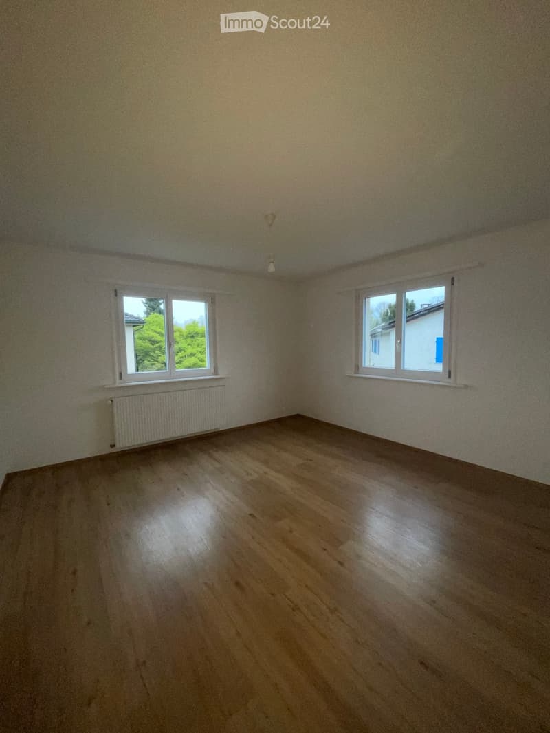 Empty room with wooden flooring, white walls, and two windows with white frames. A radiator is visible under one window, and a ceiling light fixture is present.
