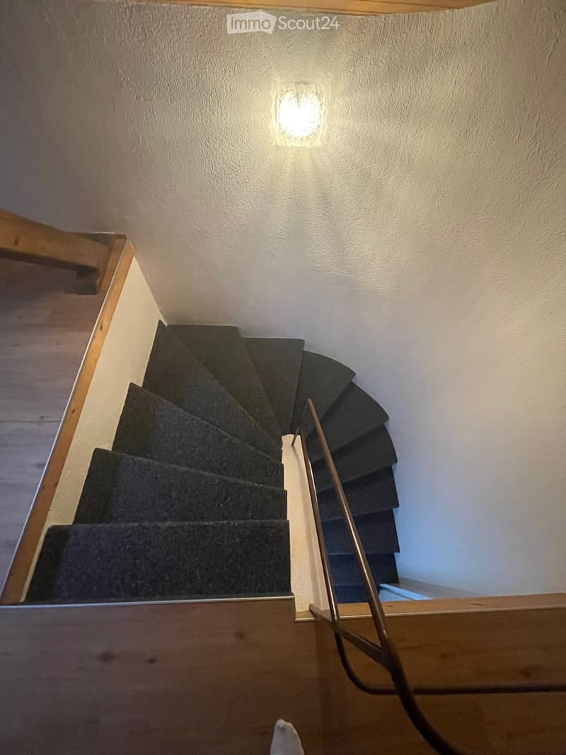 Spiral staircase with dark carpeted steps and wooden railings, illuminated by a wall-mounted light fixture.