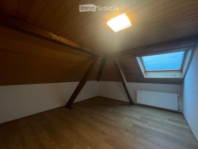Empty attic room with wooden walls and floor, skylight window, and a radiator on the wall.
