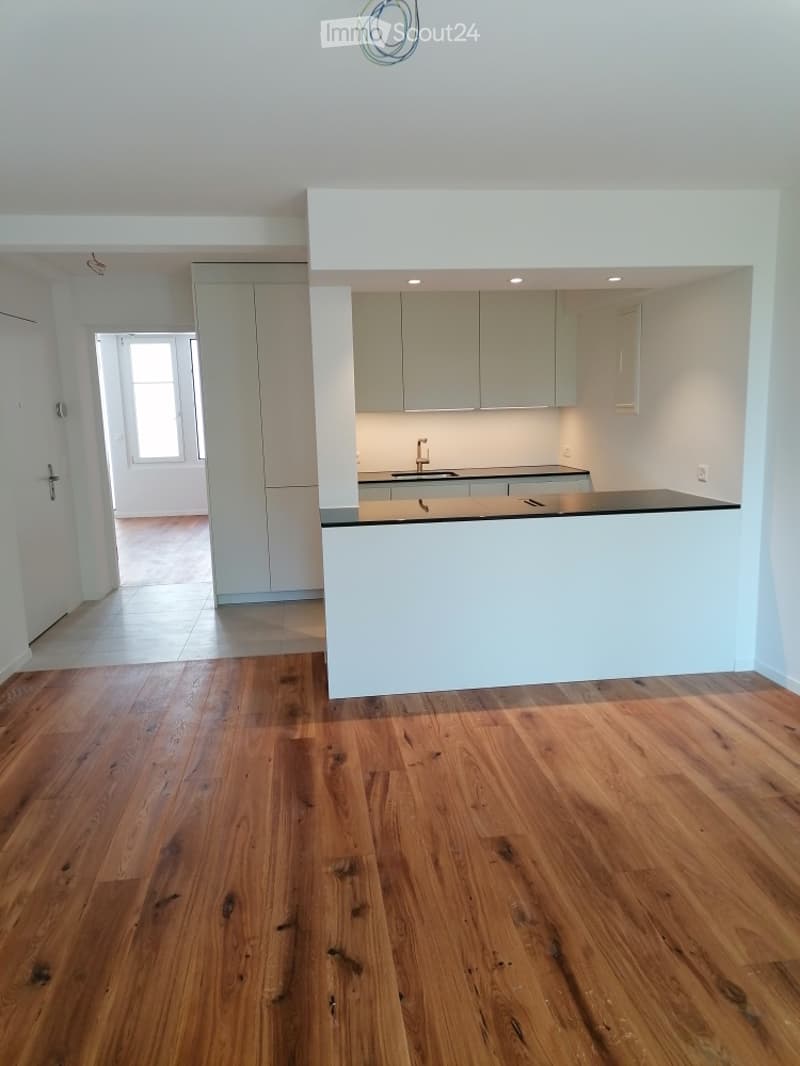 Open-plan space with a modern kitchen area featuring white cabinets, a black countertop, and a sink. The main area has polished wooden flooring and white walls.