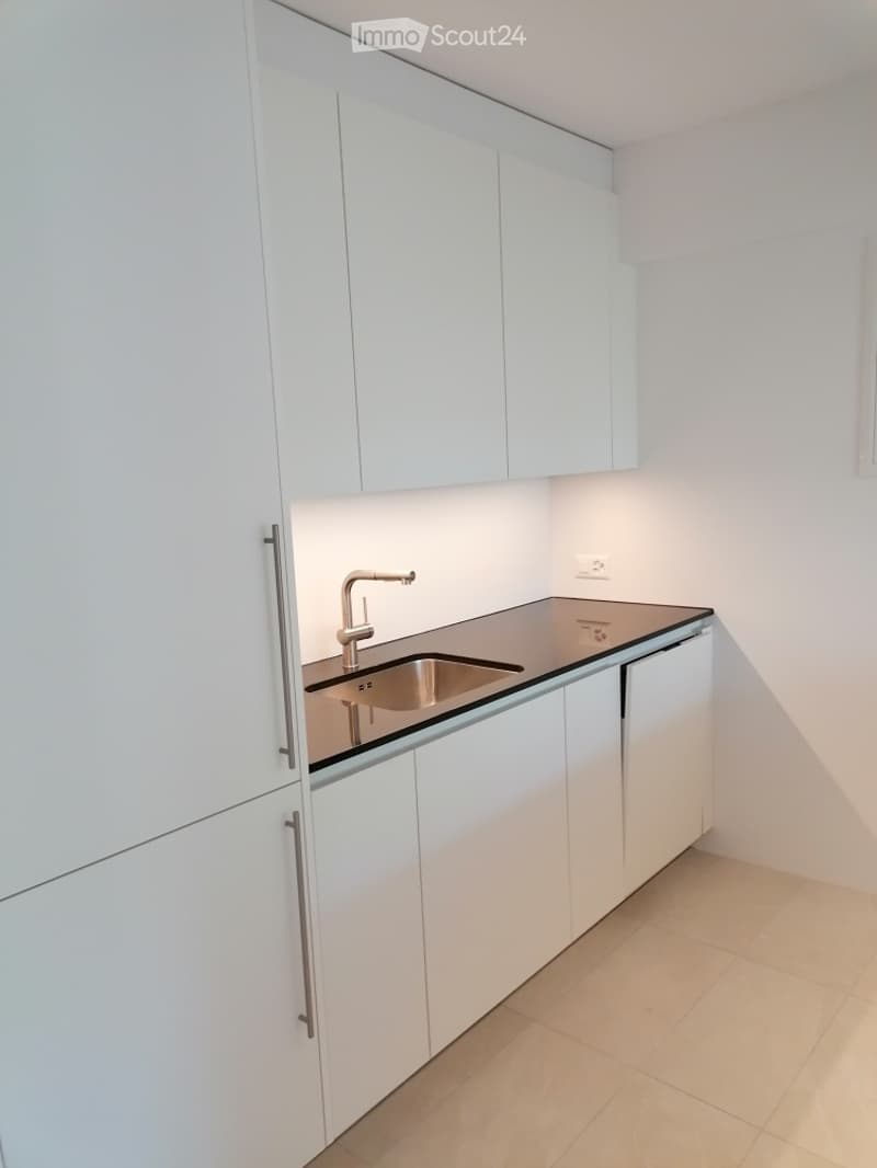 Modern kitchen with white cabinets, a stainless steel sink, and a sleek black countertop.