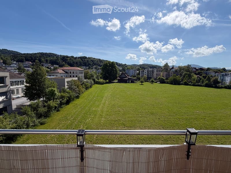 Balcony overlooking a green field with trees and buildings in the background under a clear blue sky.