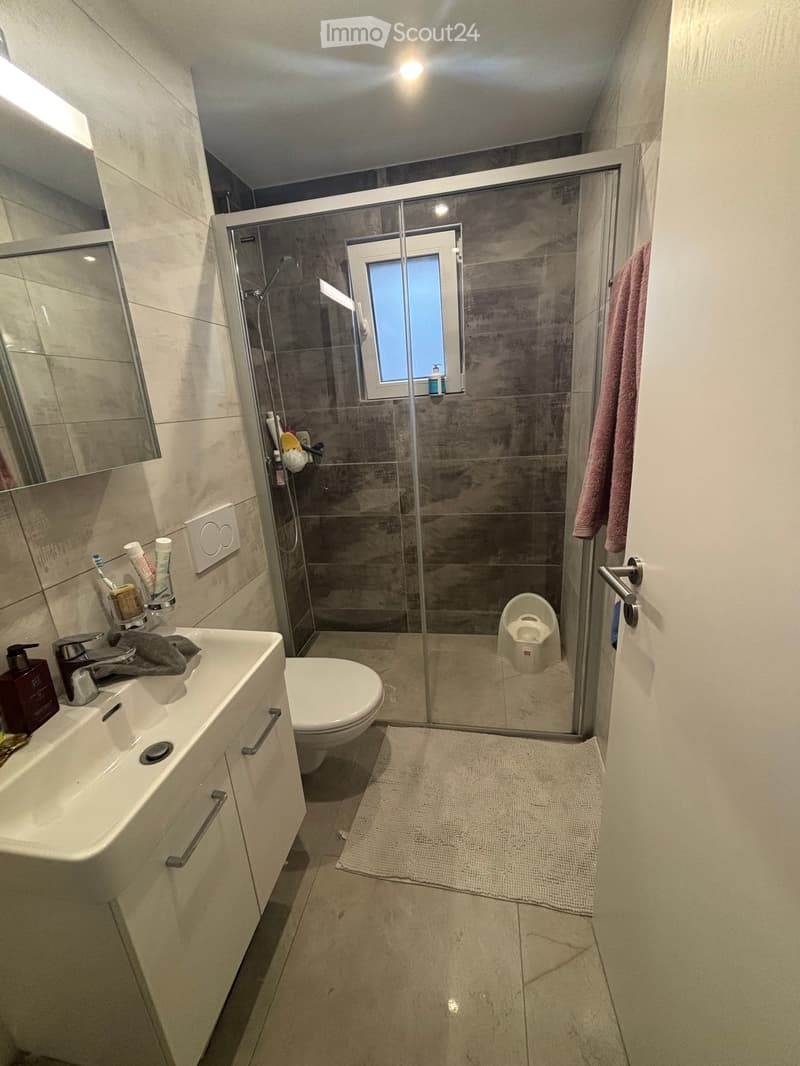Modern bathroom with a white sink, mirror, toilet, and a glass-enclosed shower with a window. A towel hangs on the wall, and toiletries are placed on the sink counter.