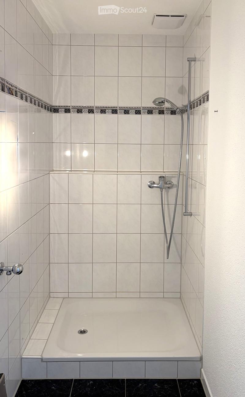 Modern bathroom with a white tiled shower area, bathtub, and chrome fixtures.