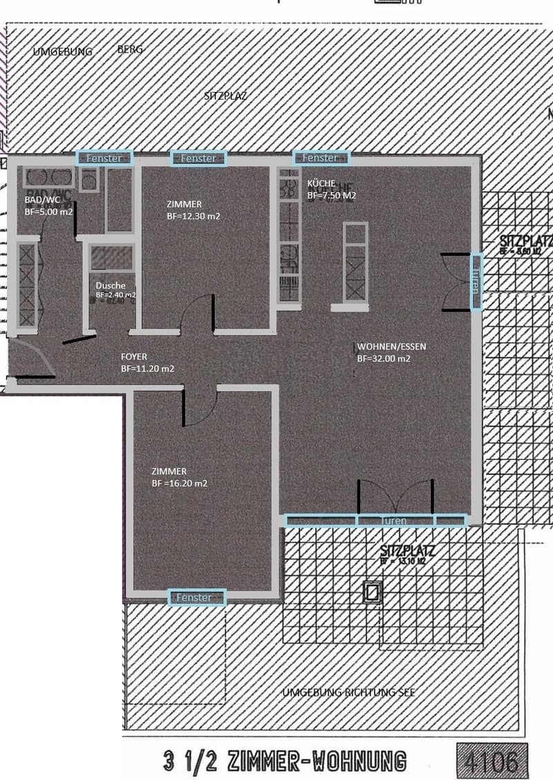 Floor plan of a 3.5-room apartment with labeled rooms including living/dining area, kitchen, bedroom, bathroom, and hallway.