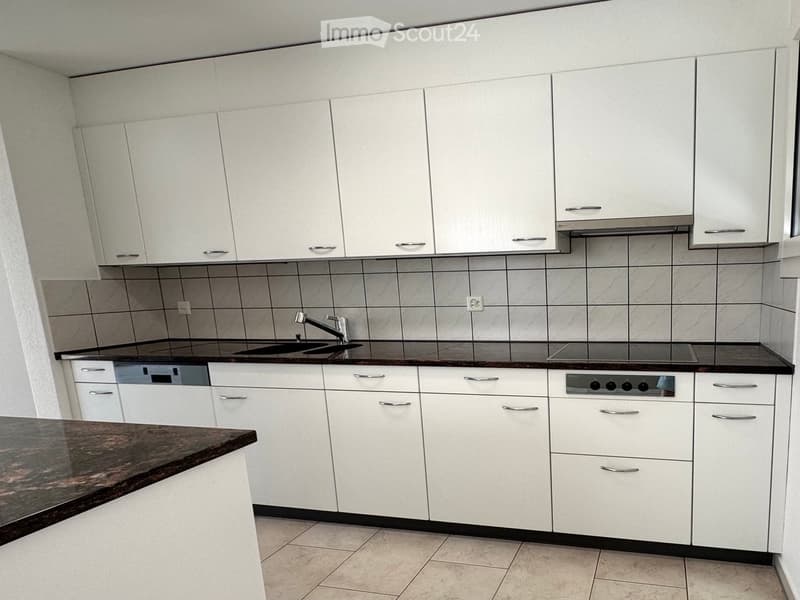 Modern kitchen with white cabinets, dark countertops, and built-in appliances including a sink, stove, and dishwasher.