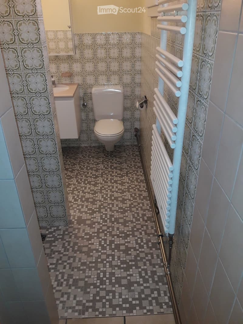 Small bathroom with patterned tiles, a toilet, a sink, and a radiator on the wall.