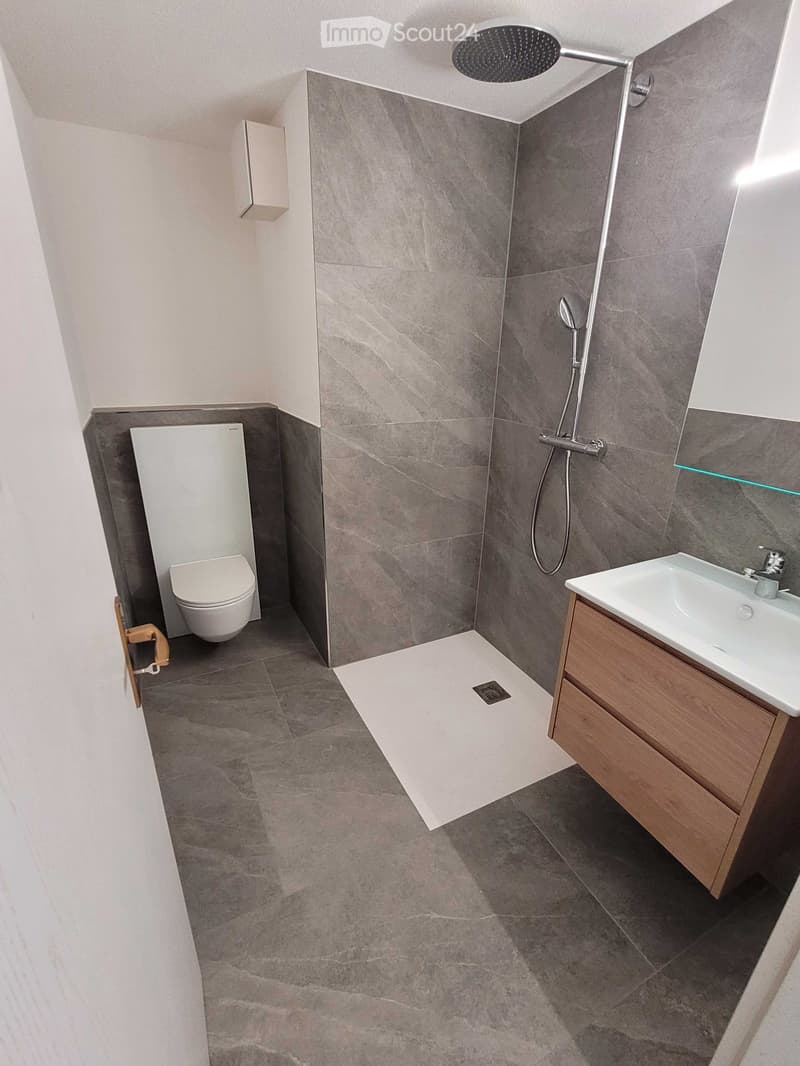 Modern bathroom with grey marble tiles, a white toilet, a wooden sink cabinet, and a shower area with a glass enclosure.