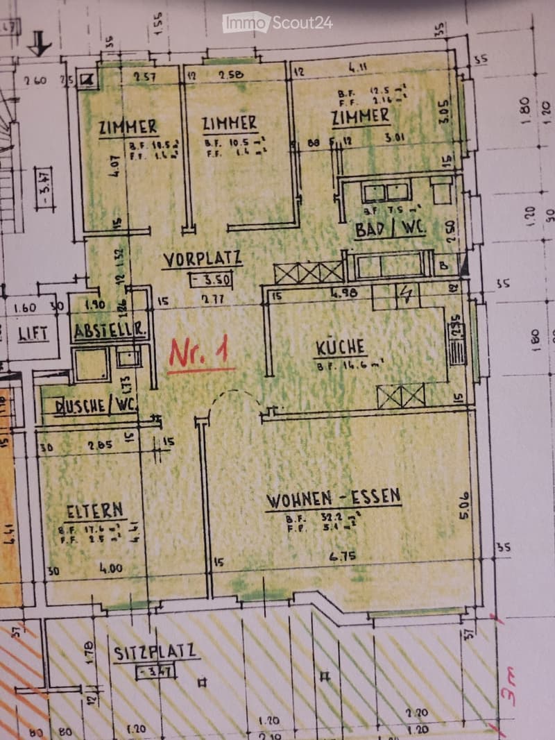 Floor plan showing multiple rooms including three bedrooms, a kitchen, a living-dining area, a bathroom, a hallway, a storage area, and a seating area.