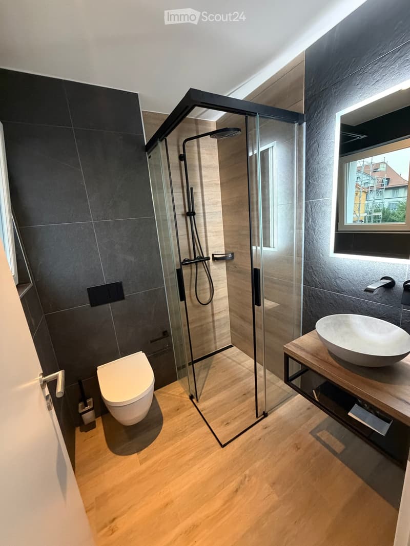 Modern bathroom with dark grey tiles, wooden floor, glass-enclosed shower, toilet, and a sink with a modern faucet.