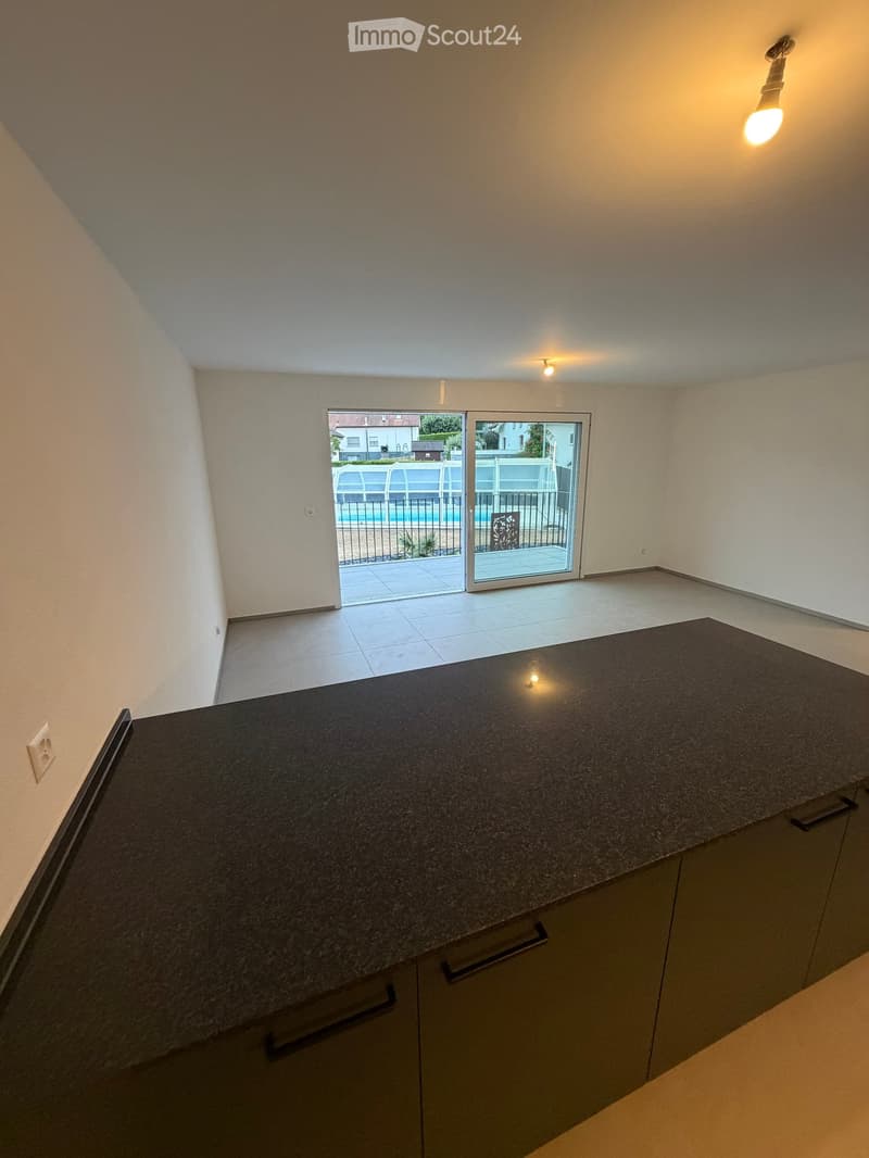 Modern kitchen with dark granite countertop, built-in cabinets, and a sliding glass door leading to a patio with a swimming pool.