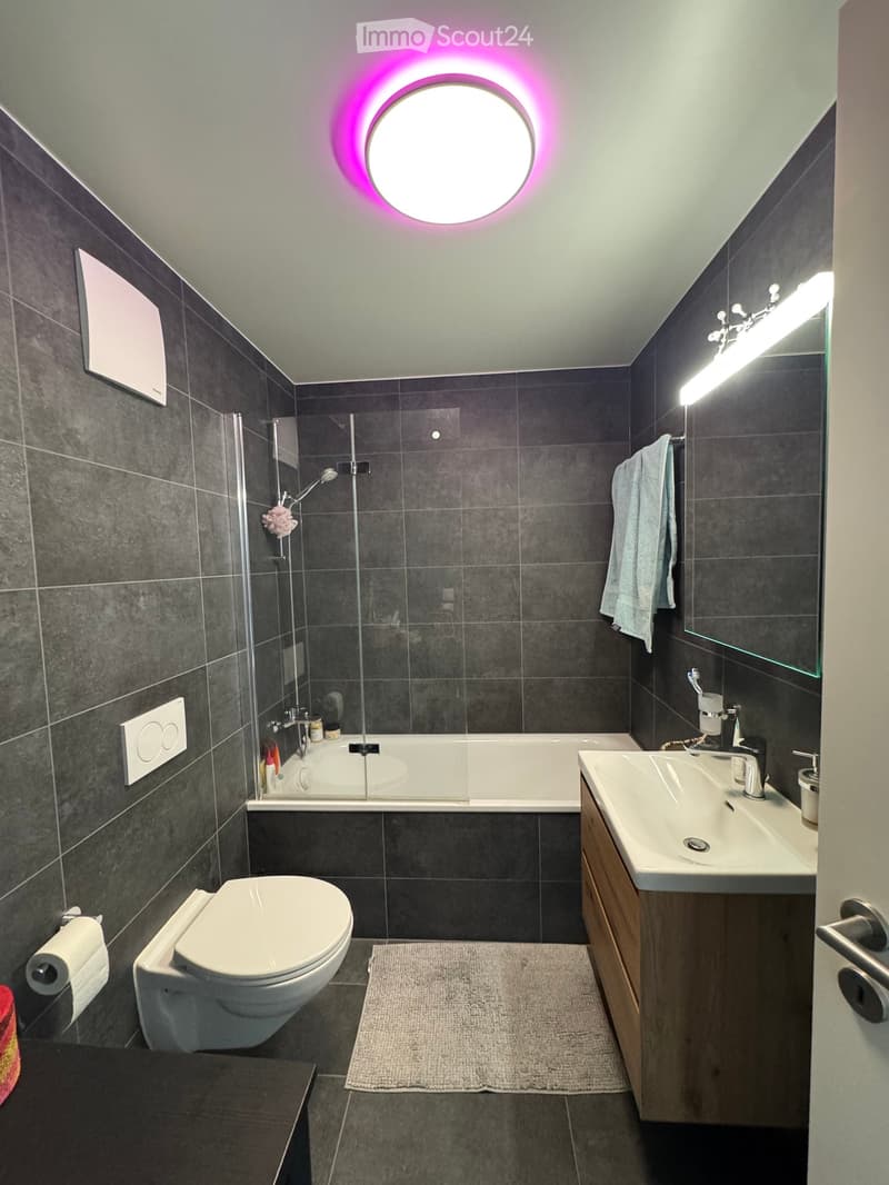 Modern bathroom with dark grey tiles, a bathtub, toilet, sink, and a shower area. Features a round ceiling light with pink illumination, a towel on a rack, and a small rug on the floor.