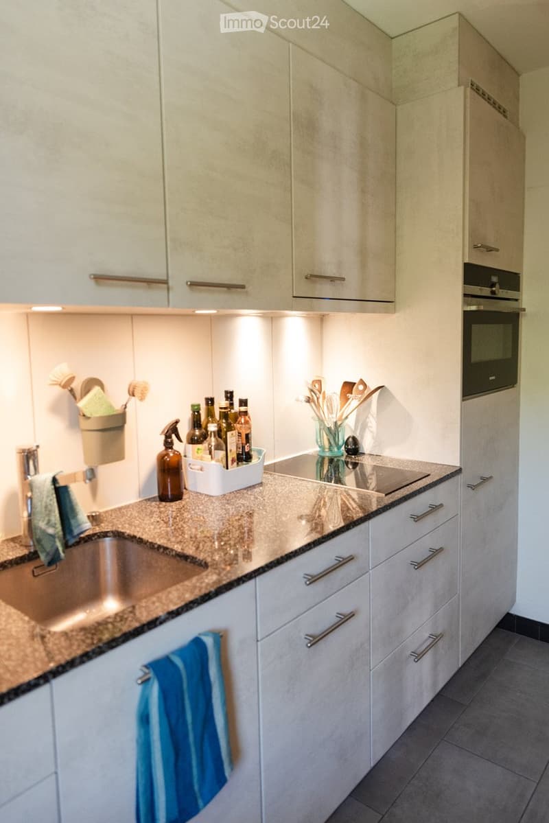 Modern kitchen with light-colored cabinets, granite countertop, stainless steel sink, and various kitchen items including bottles, brushes, and a towel.