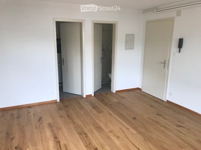Empty room with wooden flooring and white walls, featuring three doors leading to other spaces, including a bathroom.