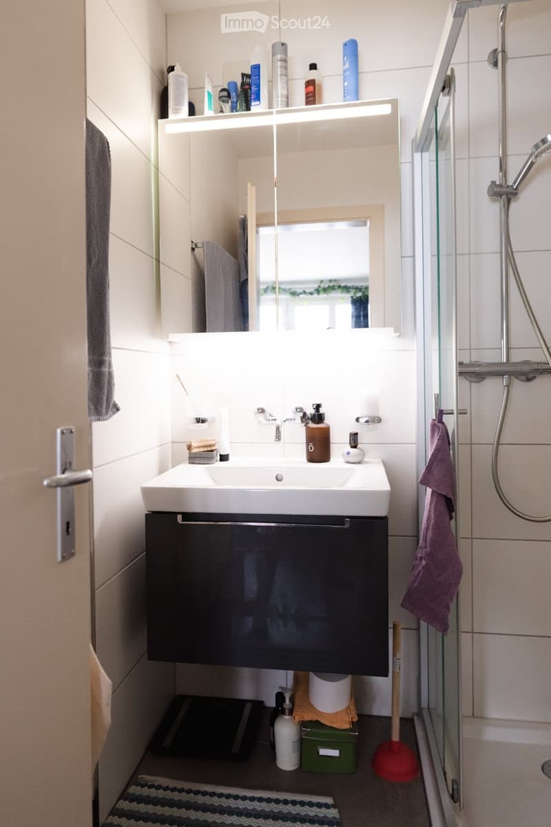 Modern bathroom with a white sink, mirror, and black cabinet. A shower area is visible to the right, with a towel hanging on the side.