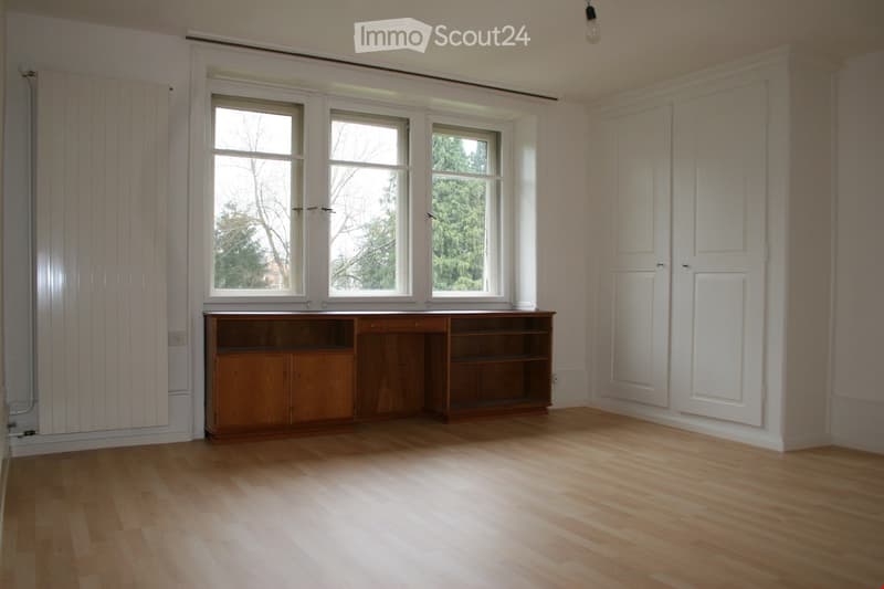 Empty room with wooden flooring, white walls, large windows, and a wooden cabinet unit against one wall.