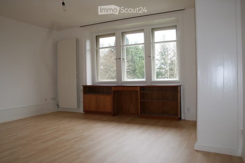 Empty room with wooden flooring, white walls, and large windows. A wooden cabinet is positioned against one wall.