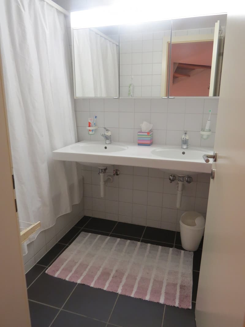 Modern bathroom with double sink, mirror, toothbrush holders, and a small trash bin. The floor is tiled in dark blue, and a pink and white striped towel is placed on the floor.