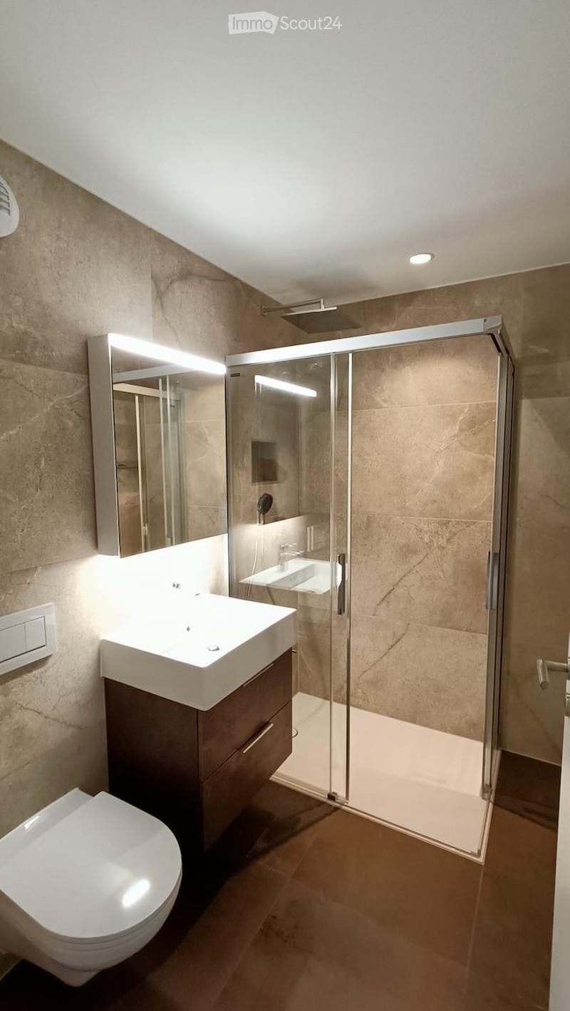 Modern bathroom with a white sink, toilet, mirrored cabinet, and glass-enclosed shower stall.