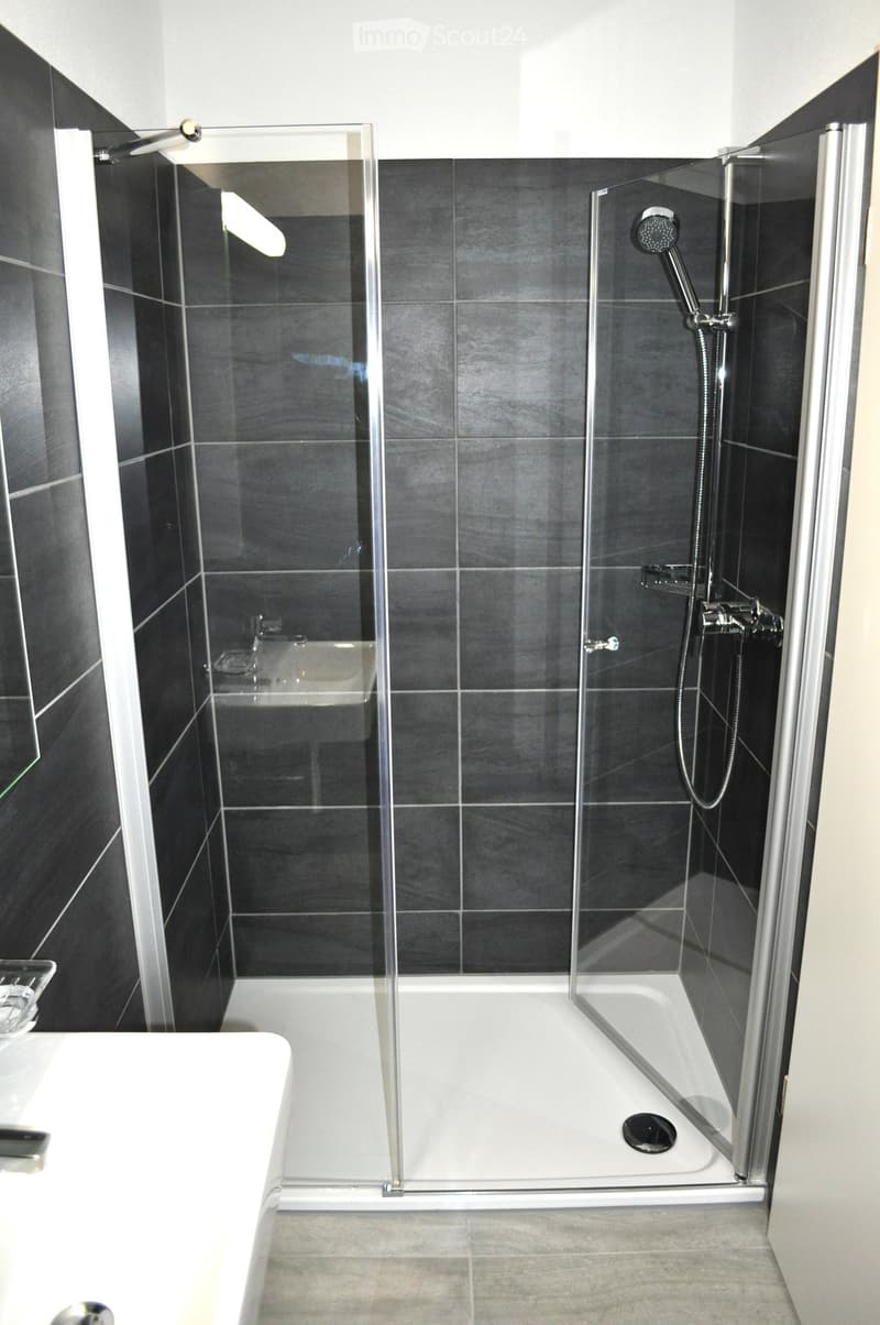 Modern bathroom with a white bathtub, glass-enclosed shower, and dark tiled walls.