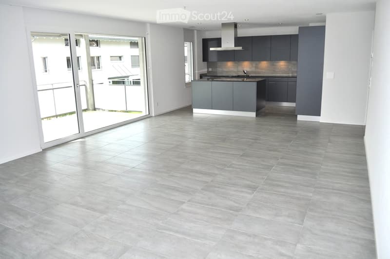 Empty room with grey tiled flooring, white walls, and a large sliding glass door leading to an outdoor area. The room is unfurnished and has a modern, minimalist design.