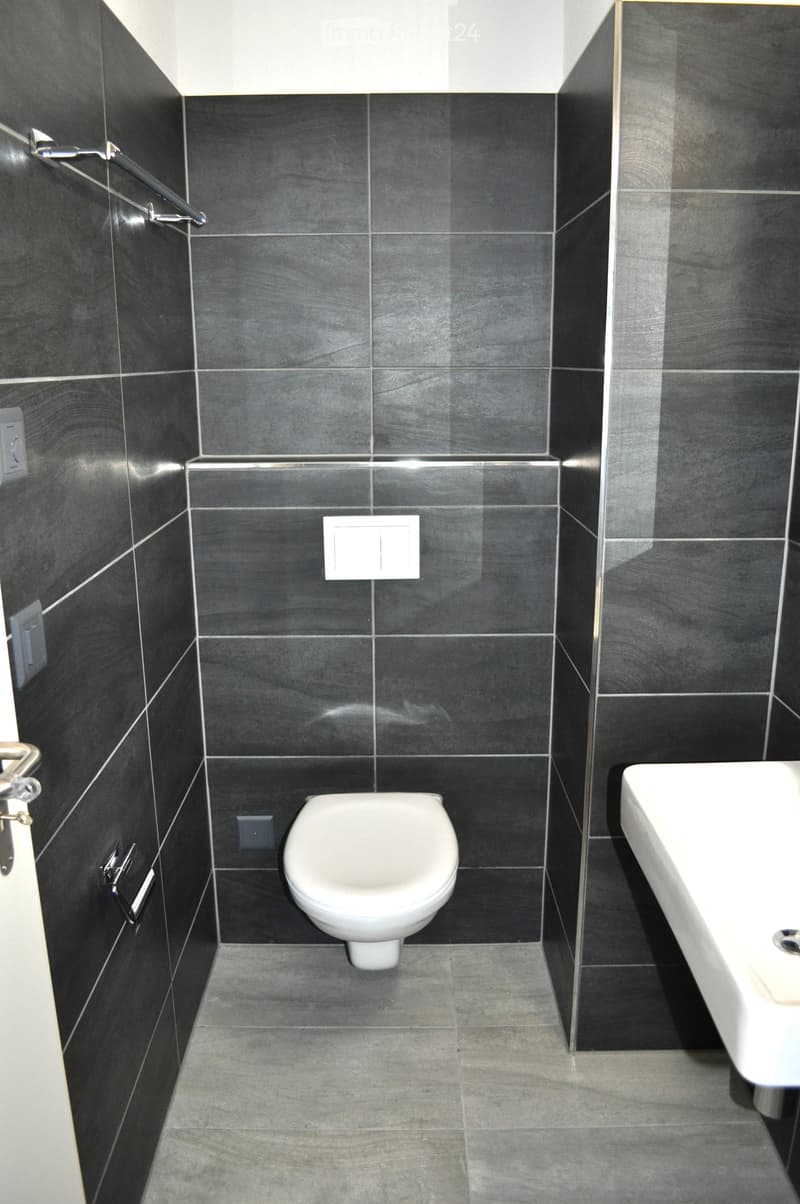 Modern bathroom with dark grey tiles, white toilet, and white sink.