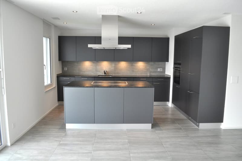 Modern kitchen with dark grey cabinets, a central island, stainless steel sink, and built-in oven. The space features recessed lighting and a sleek, contemporary design.