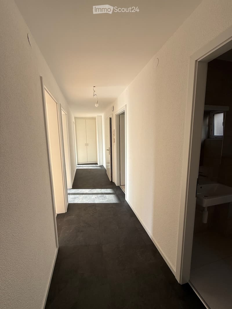 A narrow hallway with light-colored walls, dark carpeted floor, and several doors leading to different rooms. A small sink is visible in an open doorway on the right side.