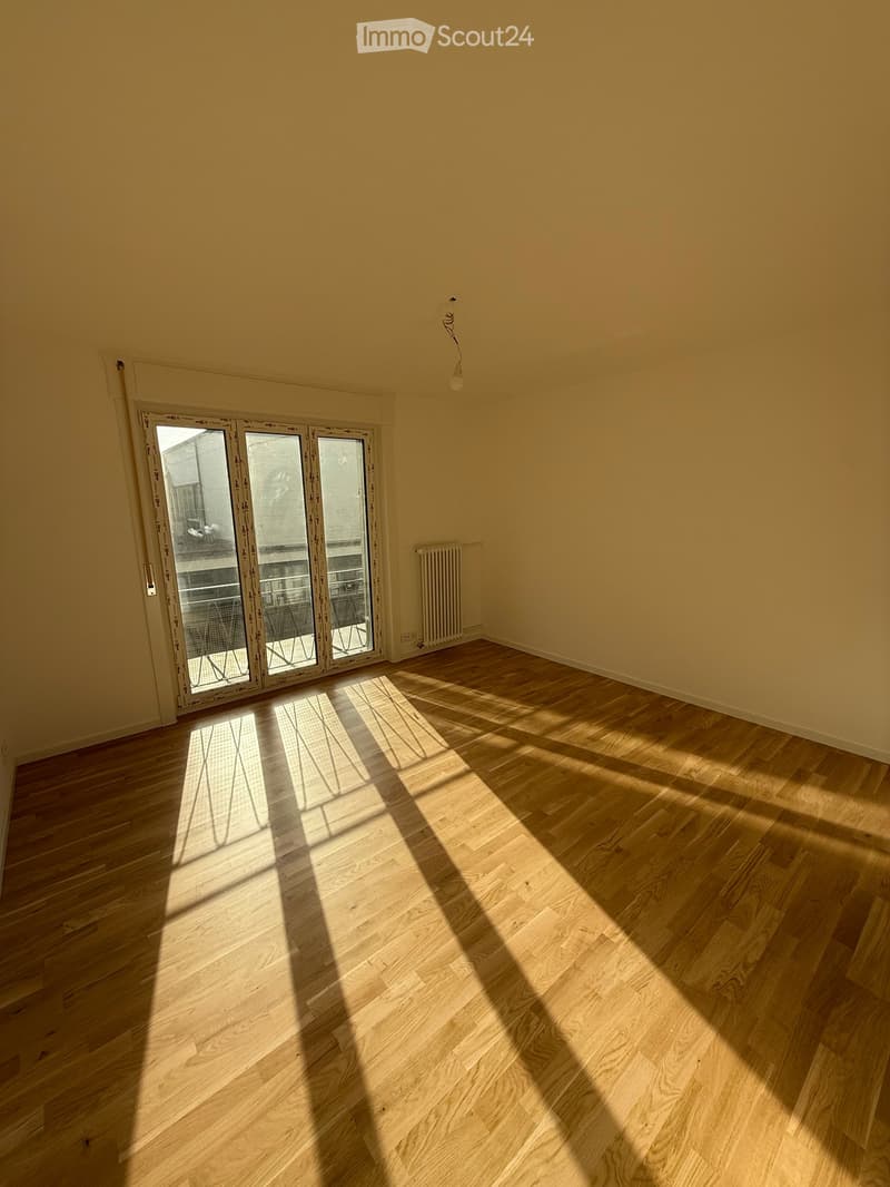 Empty room with light wooden flooring and large glass sliding doors leading to a balcony. Natural light streams in, casting shadows on the floor.