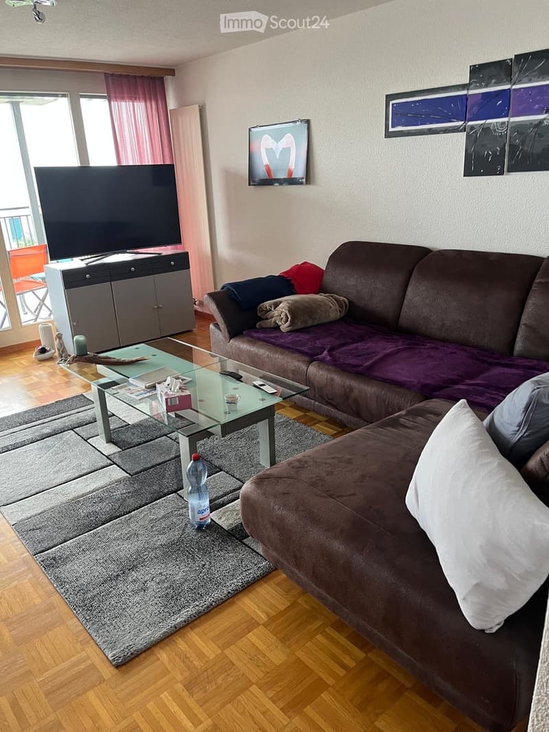 wooden floor, glass coffee table, couch with pillows, tv and entertainment center, rug, balcony, sliding doors