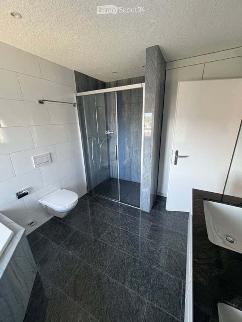 Modern bathroom with white tiles, dark grey floor, glass-enclosed shower, toilet, and sink.