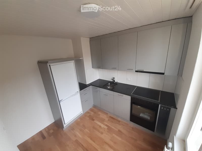 Modern kitchen with light grey cabinets, black countertops, and wooden flooring. Features include a refrigerator, sink, and oven.