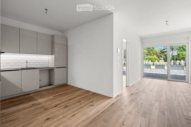 Open-plan kitchen and living area with light wooden flooring, white walls, grey cabinets, and a large sliding glass door leading to an outdoor space.
