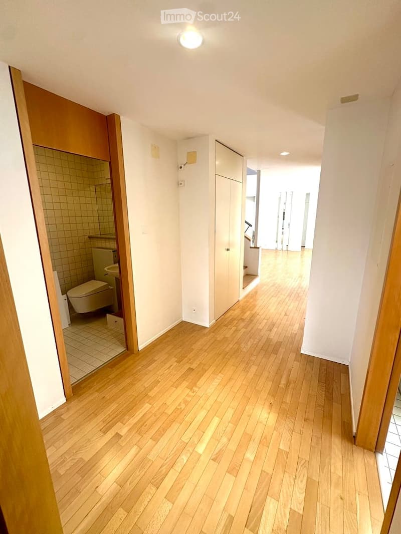 A hallway with a bathroom on the left and a toilet