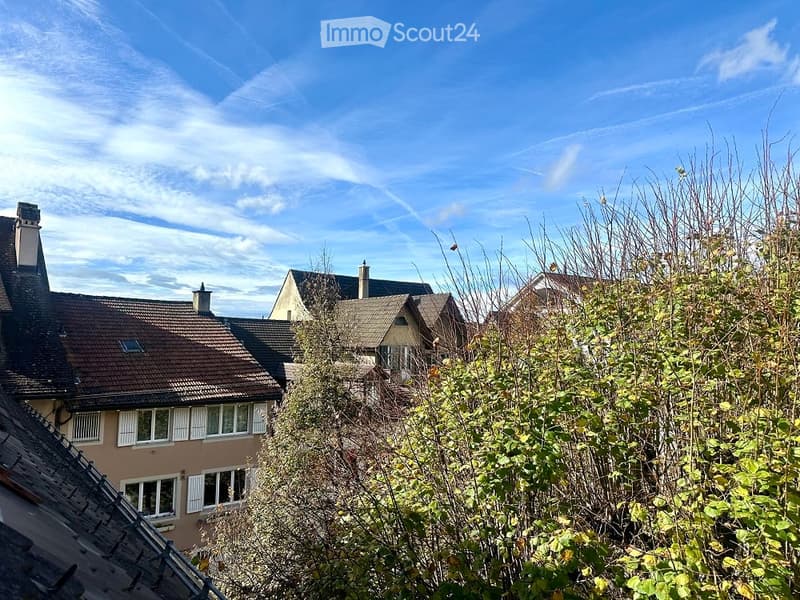 View of a neighborhood with several buildings, trees, and a clear blue sky.