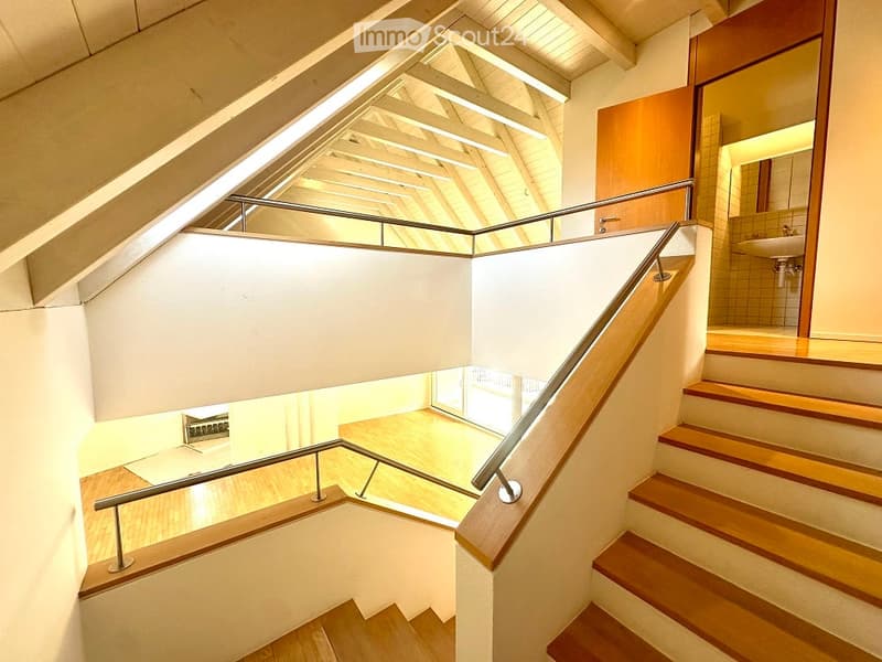 stairs, wooden floors, steel handrails, upper floor