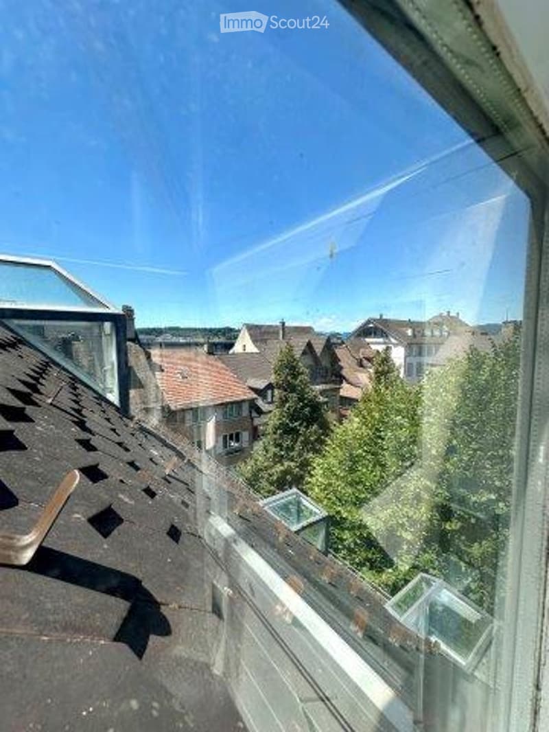 The image shows a view from a window or balcony. It overlooks a residential area with houses, trees, and a clear blue sky.