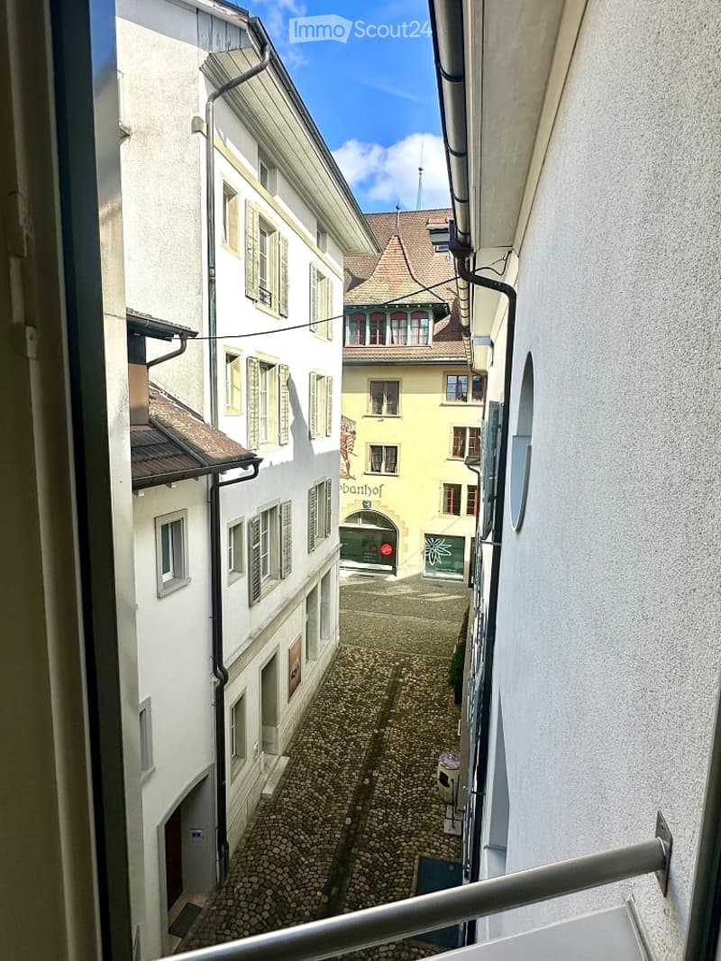 cobblestone street view, multistory buildings, red roof, signage on building