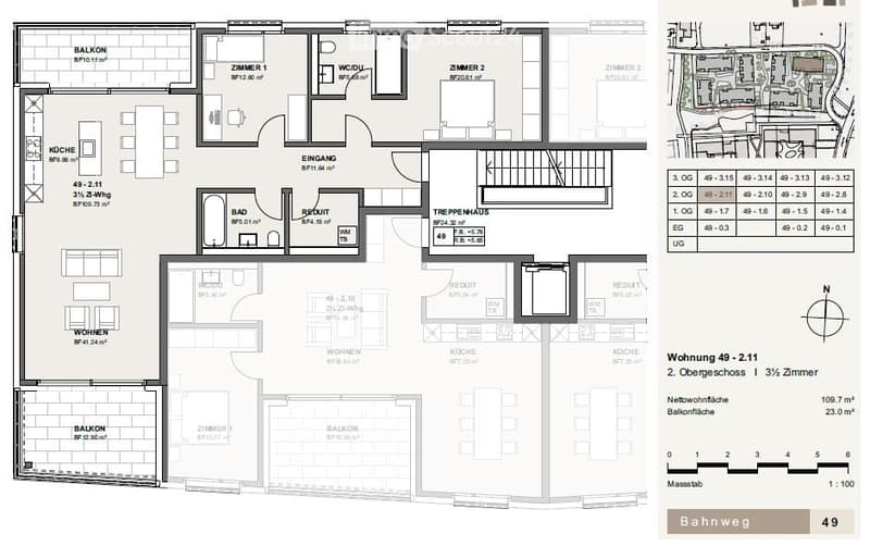 Floor plan of a 3.5-room apartment on the2nd upper floor, including living room, kitchen, 2 bedrooms, 2 bathrooms, and balcony.