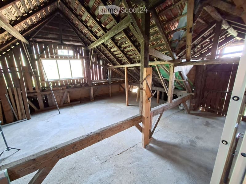 Empty attic space with exposed wooden beams, concrete floor, and large windows allowing natural light.