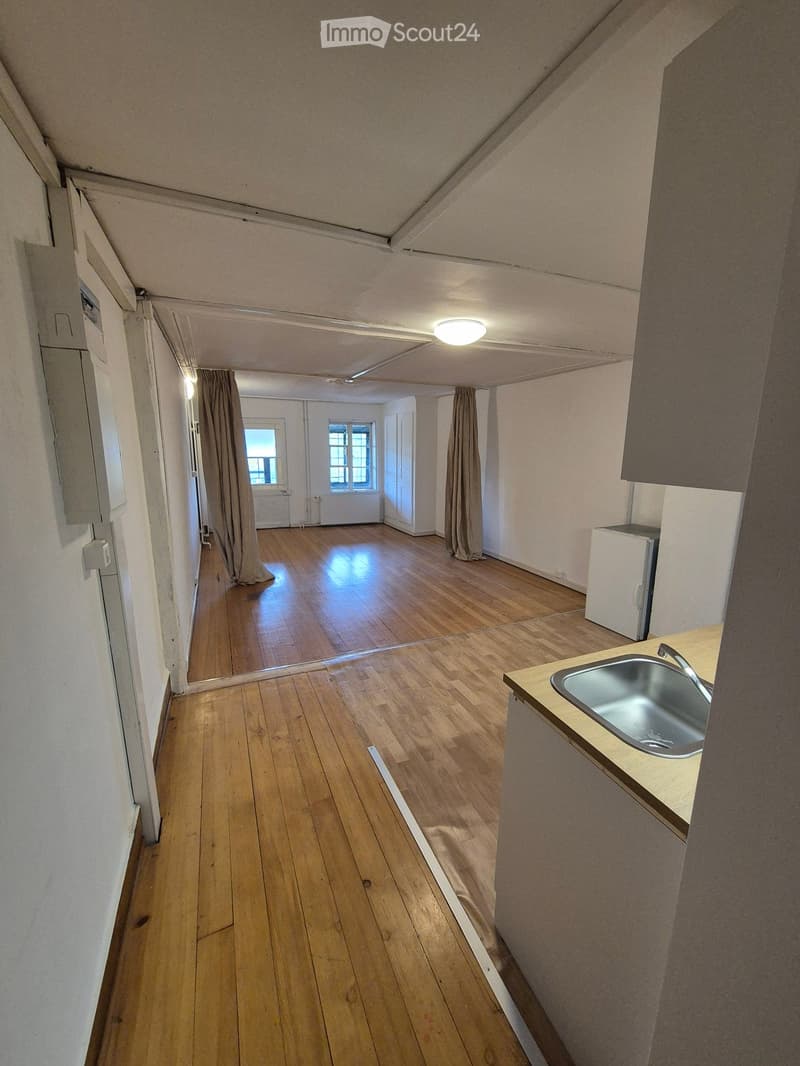 A narrow hallway with wooden flooring, leading to a small kitchen area with a sink and a refrigerator. The walls are painted white, and there are curtains on the windows at the end of the hallway.